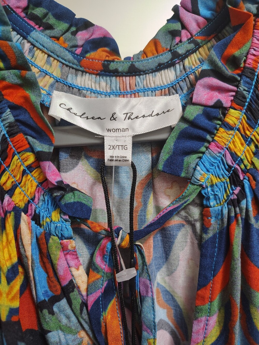 Chelsea & Theodore Multicolor Ruffle Smocked Neck Blouse